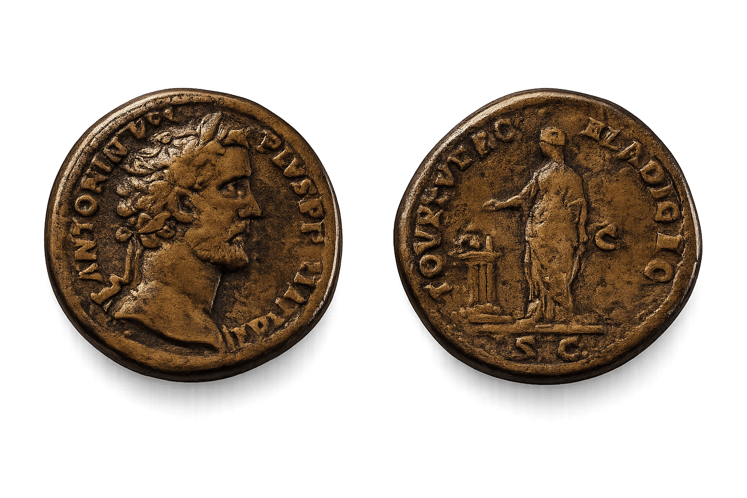 Römischer Sesterz Antoninus Pius – Vorder- und Rückseite Römischer Sesterz von Antoninus Pius mit Vorder- und Rückseite freigestellt dargestellt